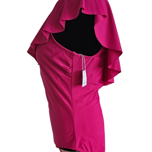 KONA SOL Women's Ruffle One Shoulder Full Coverage One Piece Swimsuit Pink L - Picture 3 of 10